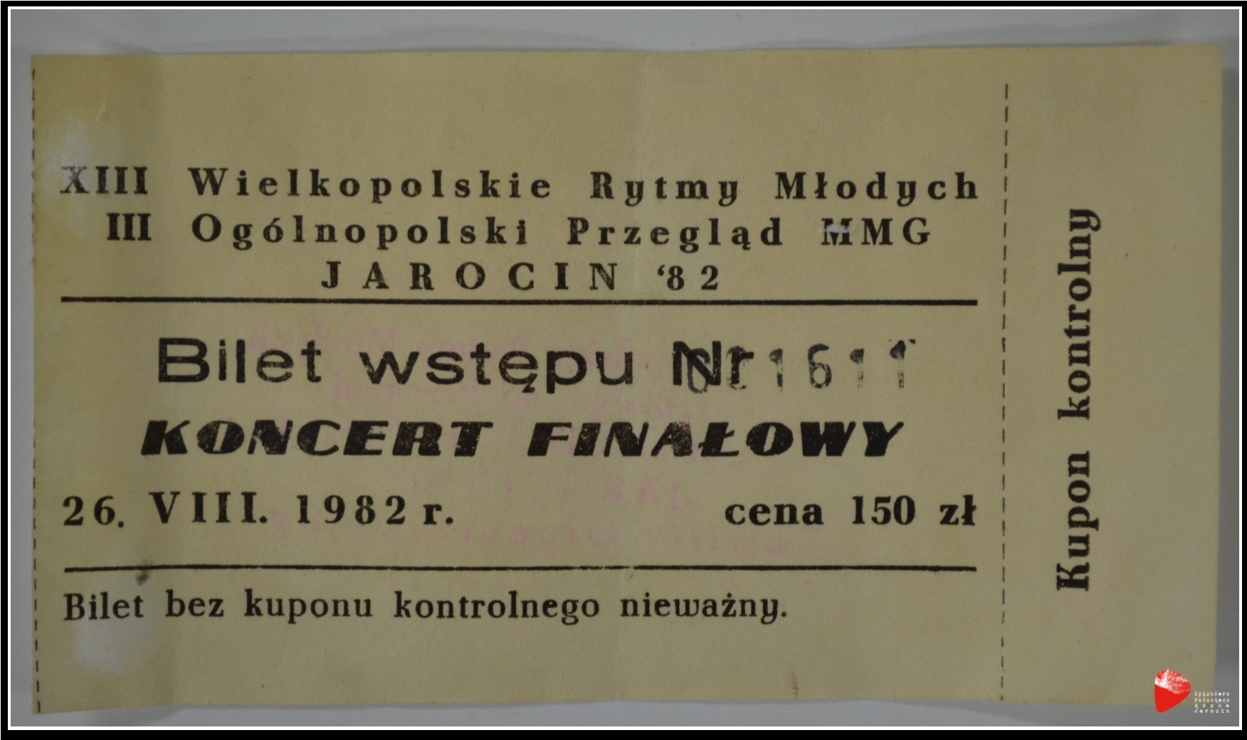 Bilet wstępu na koncert finałowy III Ogólnopolskiego Przeglądu Muzyki Młodej Generacji Jarocin’82.